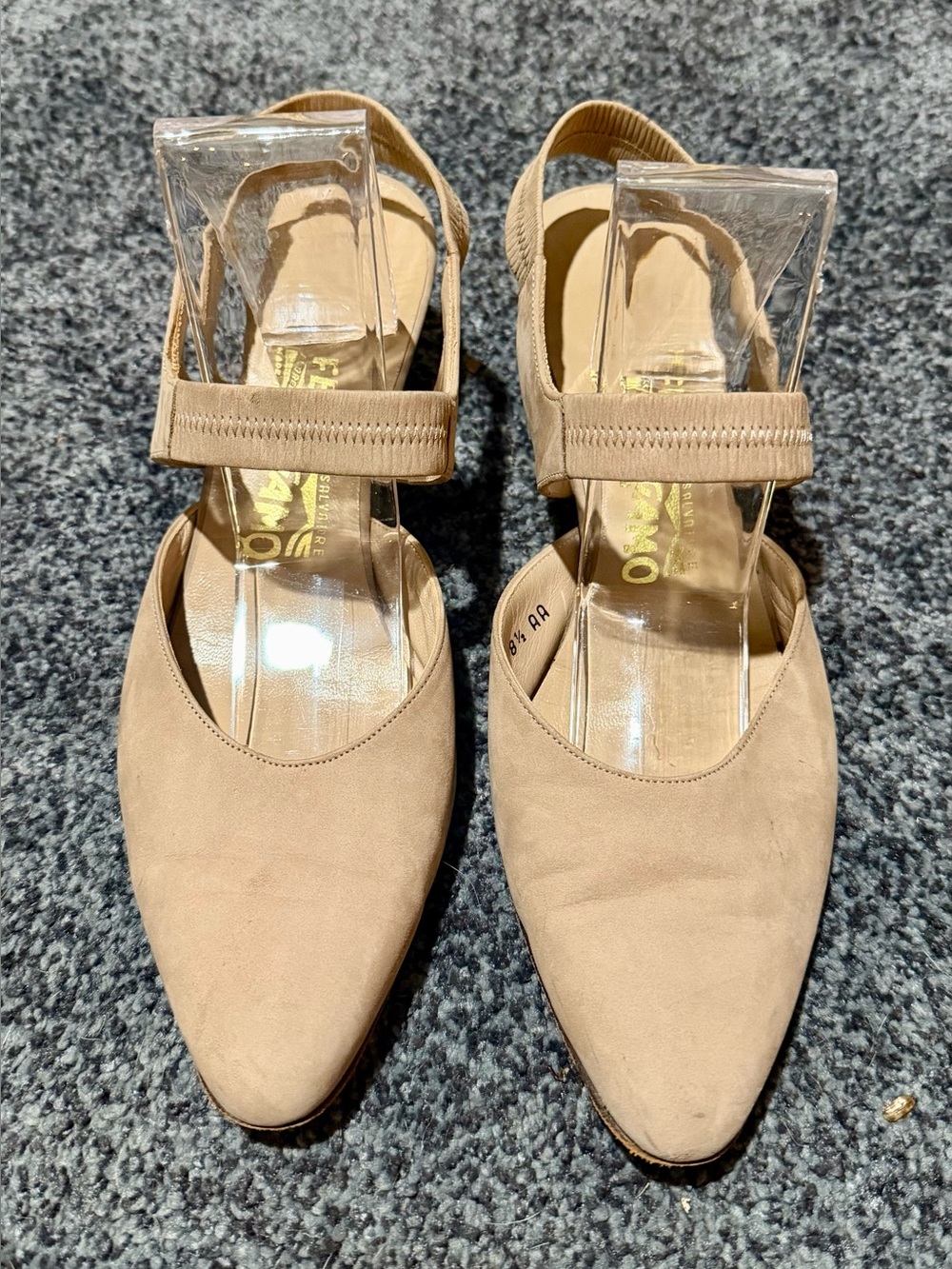 Ferragamo sz 8.5 narrow Beige Suede sling back Maryjane elastic strap shoes